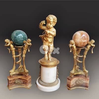 Grand Tour Style Gilt Bronze Putti Garniture with Malachite & Onyx