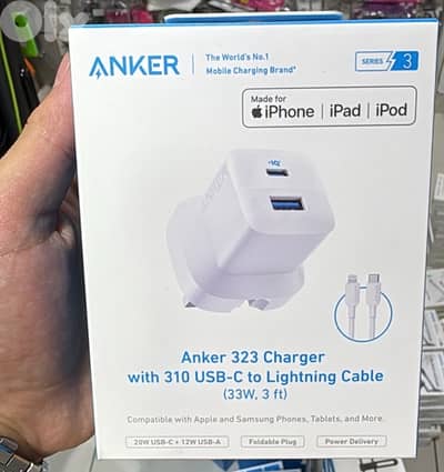 Anker 323 charger with 310 usb-c to lightning cable (33w,3ft) 3pin