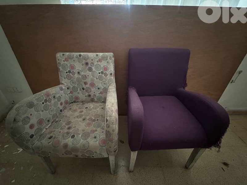 dinner table with 4 chairs 2 purple and 2 white 3