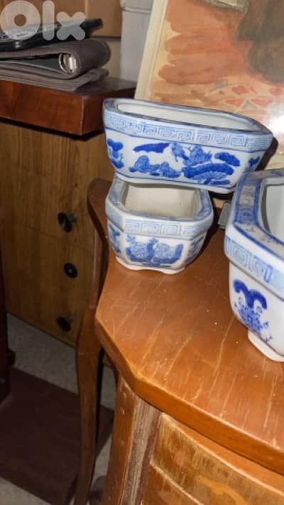 طقم أواني خزف صيني مزخرف (3 قطع) باللون الأزرق والأبيض