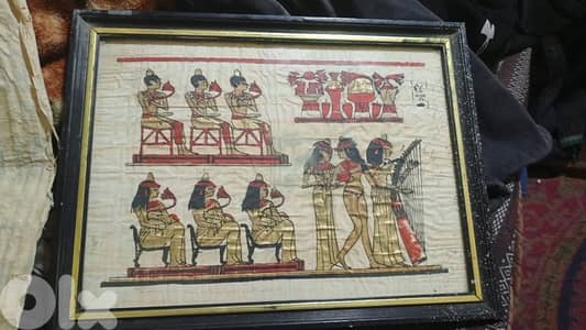 Rare Authentic Hand Painted Egyptian Papyrus with hieroglyphics framed