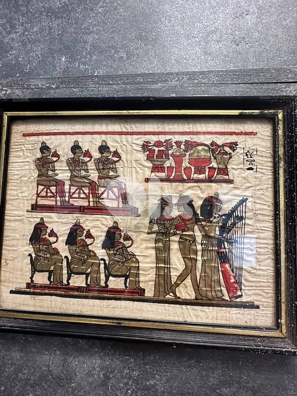Rare Authentic Hand Painted Egyptian Papyrus with hieroglyphics framed 2