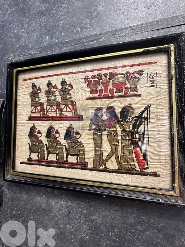 Rare Authentic Hand Painted Egyptian Papyrus with hieroglyphics framed 4