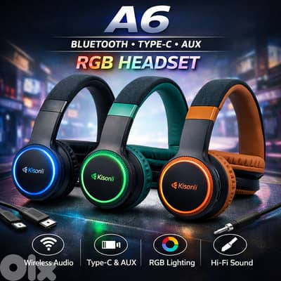 KISONLI A6 BLUETOOTH TYPE-C AUX RGB HEADSET