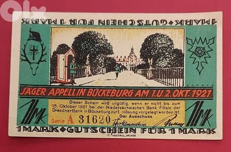 Germany 1921 1 Mark Bueckeburg old vantage emergency banknote