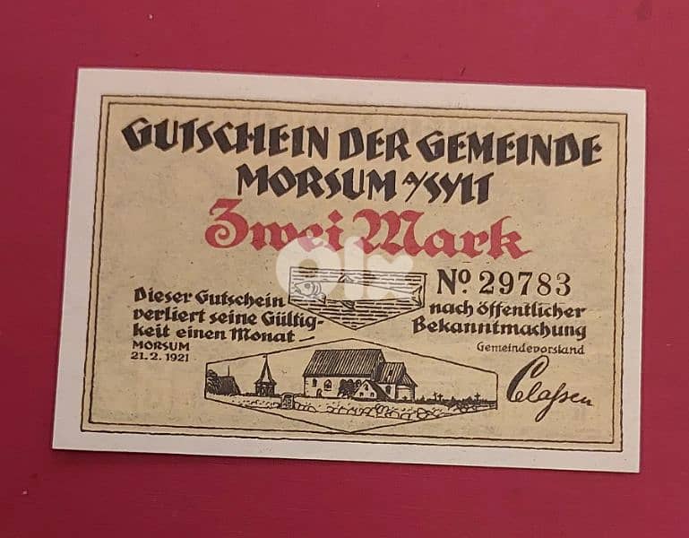 Germany 1921 2 Mark Morsum old vantage emergency banknote 1