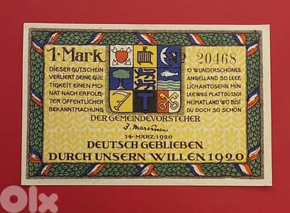 Germany Holnis 1920 1 Mark old vantage emergency banknote
