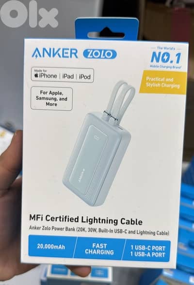Anker zolo power bank 20k 30w built in usb-c and lightning cable blue