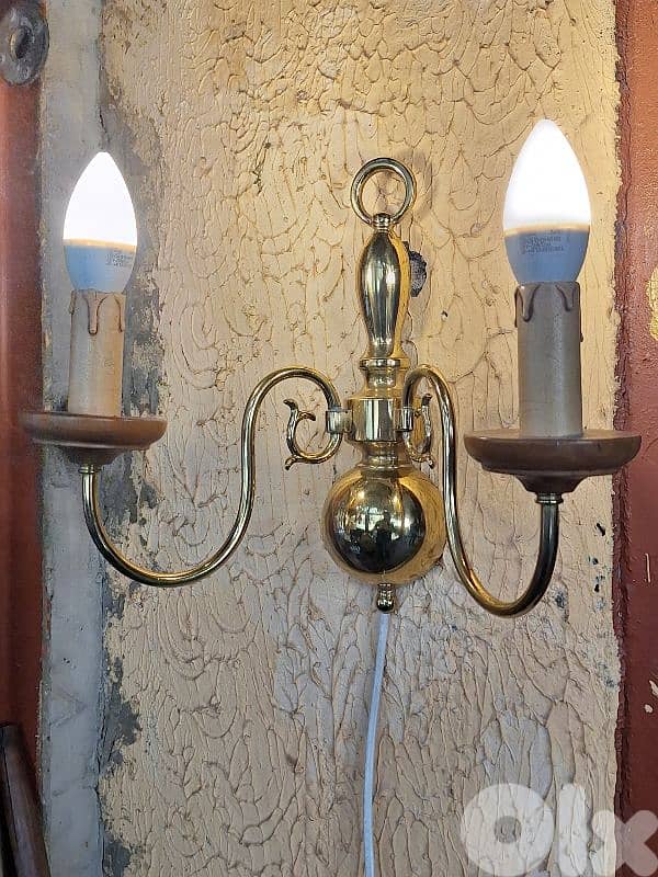 pair of large brass and wood wall lights 1