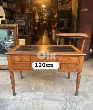 frensh desk 120cm مكتب فرنسي انتيك خشب جوز صافي وجه جلد