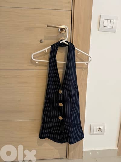 striped halterneck waistcoat open back with pant set, navy color