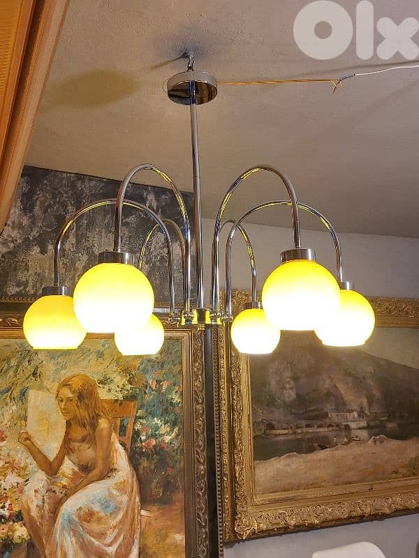 vintage chrome and opaline chandelier 3