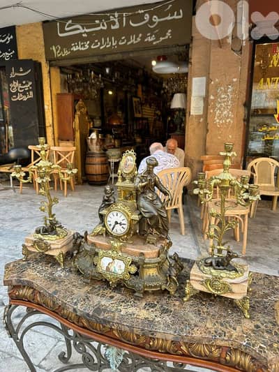 set 3 pcs clock' and candlebras bronze spainغروب برونز اسباني انتيك