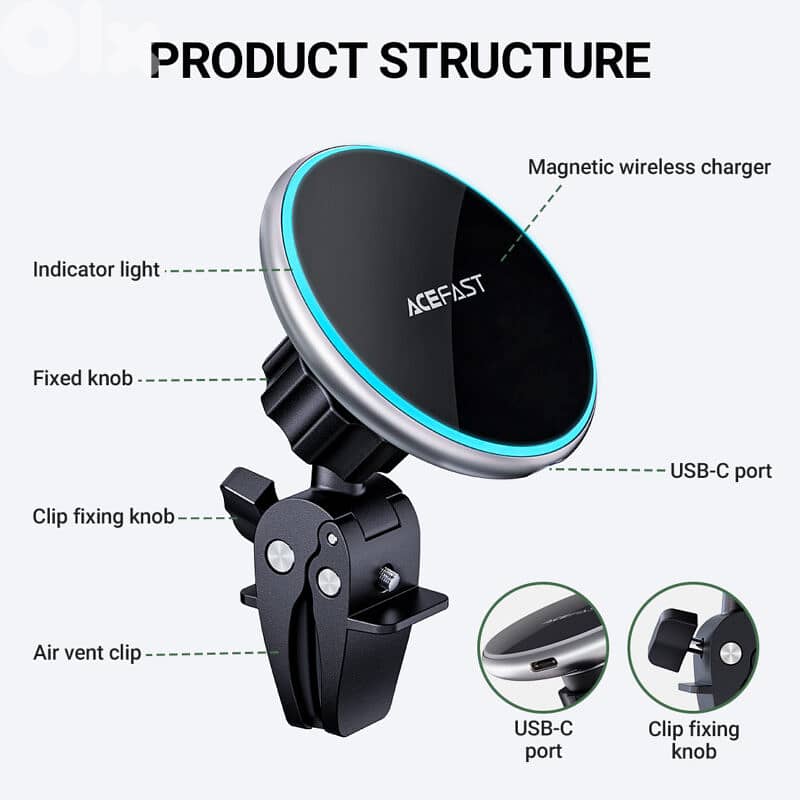 ACEFAST D3 15W Wireless Charger Car Mount Magnetic Holder 9