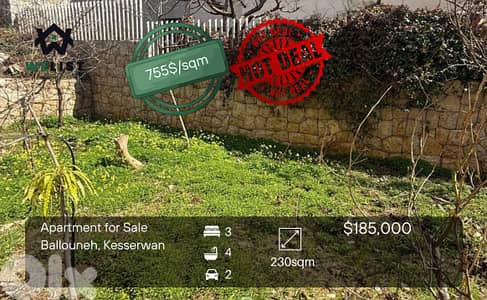 Apartment for sale in Ballouneh شقة + ٤٠م حديقة للبيع في منطقة بلونه