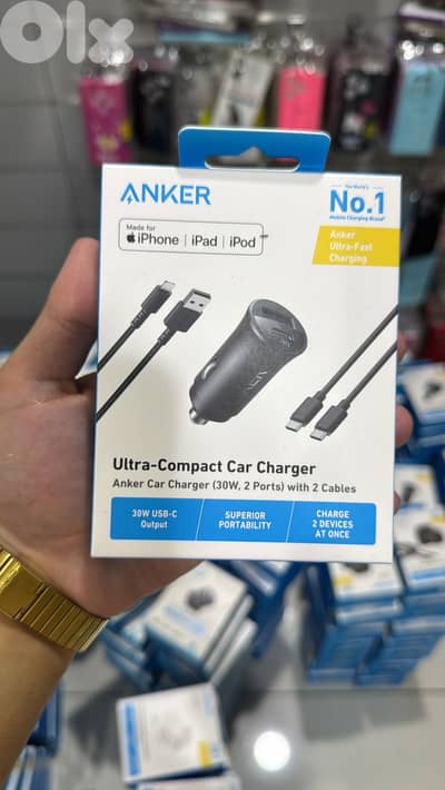 Anker car charger 30w 2ports with 2 cables b2741H11