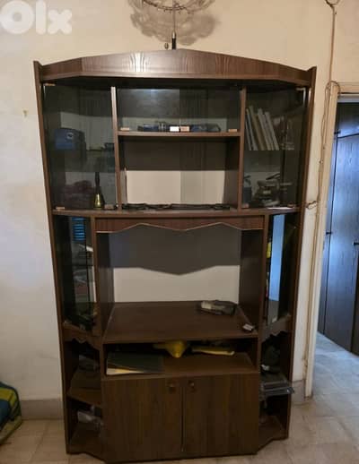 Vintage Corner Display Cabinet / TV Unit – Wood & Glass