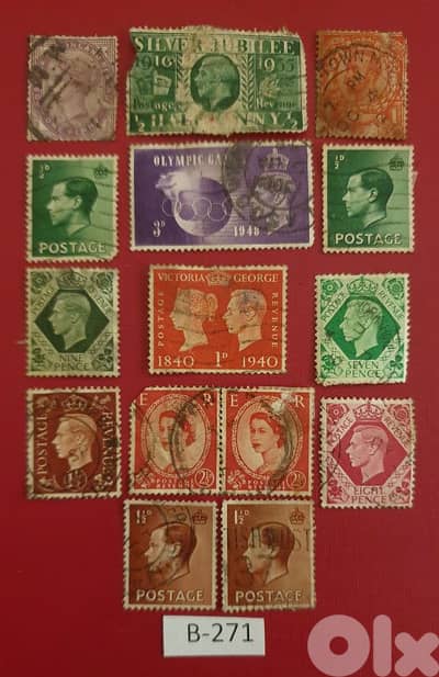England vintage 15 stamps K. Edward, KGV, Queen Elizabeth II