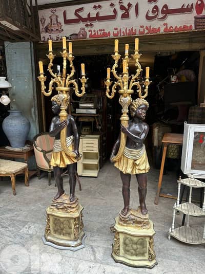 تمثال انارة عدد ٢ ايطالي انتيك خشب ارتفاع مترين تلبيس ورق ذهب روعة