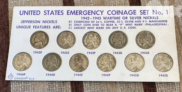 عملة فضة مجموعة ١١ دايم جيفرسون  الحرب العالمية الثانية ١٩٤٢ حتى ١٩٤٥