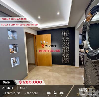 280 SQM Fully Furnished & Equipped Penthouse for SALE in Zikrit!