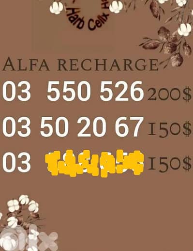 Special 03 numbers & price, Alfa recharge