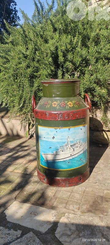 Large Antique Folk Art Milk Can with Ship Scene, 1962