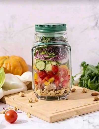 New Reusable Plastic Salade Container With Dressing Cup On Top