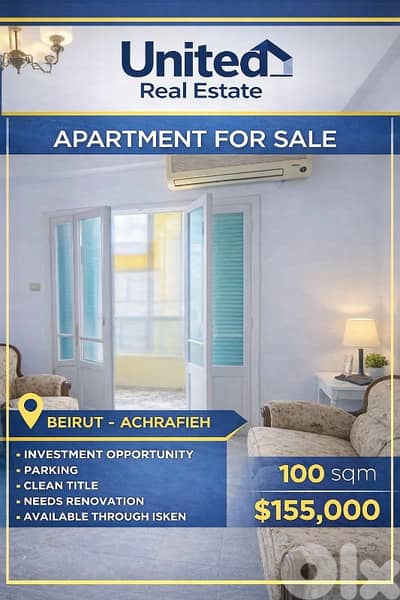 2-Bedroom Apartment with Parking & Elevator for Sale in Achrafieh