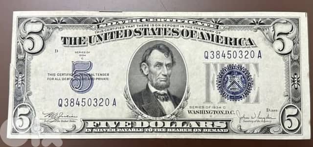 USA silver Banknote Five Dollars year 1934