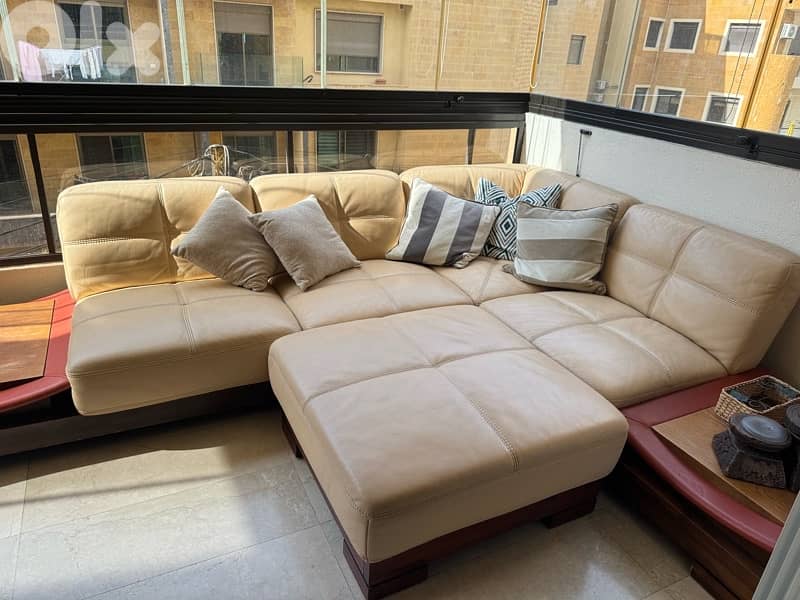 Leather Couch with Wooden Side Tables 1