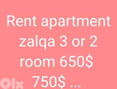 Rent apartment  zalqa 3 or 2  room 650$  750$ . . .