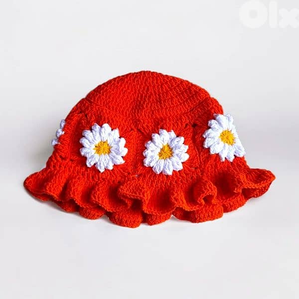 Handmade crochet flower daisy bucket hats in blue orange pink beige 2