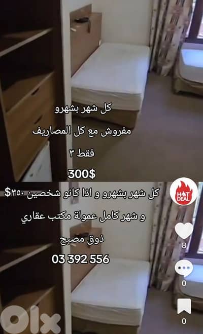 كل شهر بشهرو  مفروش مع كل المصاريف فقط ٣ 300$ كل شهر بشهرو / ذوق مصبح