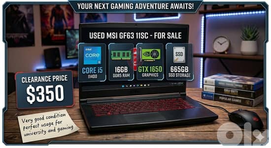 MSI GF63 11SC Gaming Laptop - i5 / GTX 1650 Max-Q / 16GB RAM / 660GB