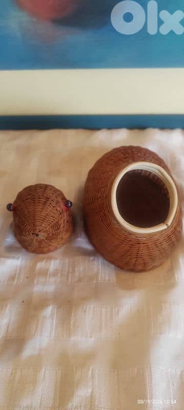 Vintage 1960s Zhejiang Handicrafts Woven Wood Covered Chick Basket