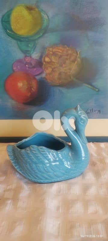 vintage  blue ceramic swan planter,from the mid-century . made in Italy