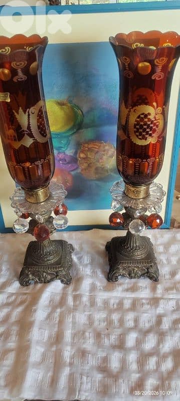 Vintage pair of Egermann Czech Bohemian Ruby crystal hurricane lamps