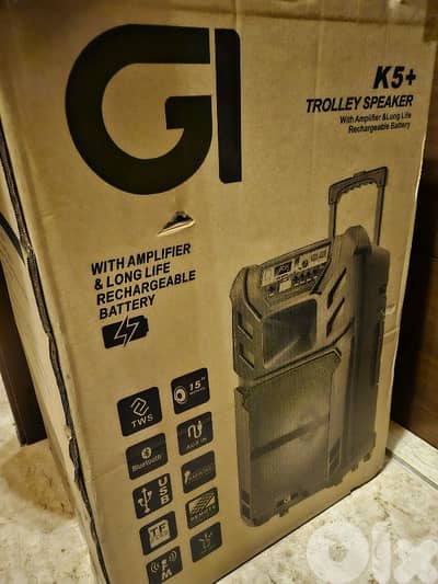GI k5+ speaker with trolley and microphones