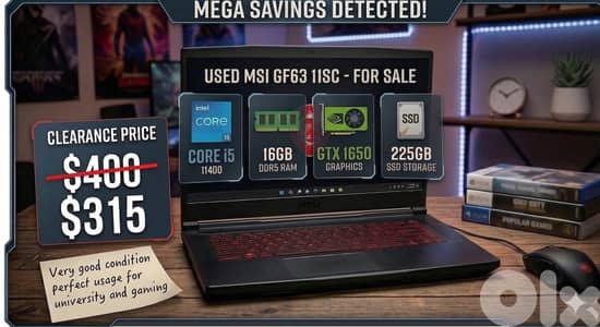 MSI GF63 11SC Gaming Laptop - i5 / GTX 1650 Max-Q / 16GB RAM / 225GB