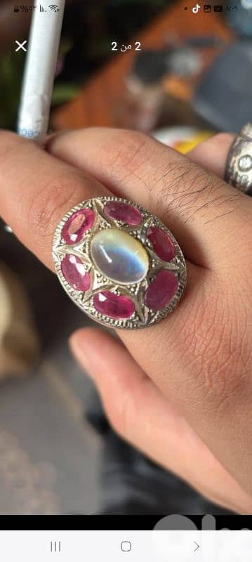 خاتم فضه ضخم ياقوت وابوبال وزن ٢٧ غرام ونص
