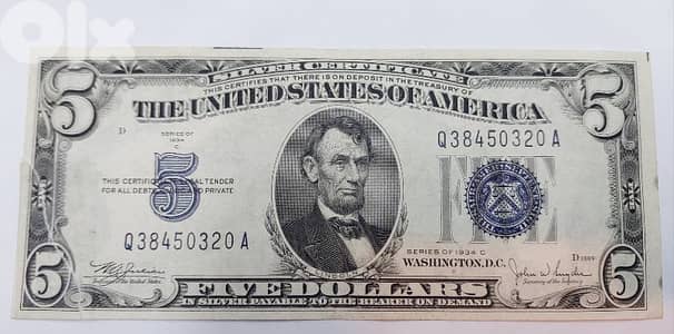 USA Silver Five Silver Dollar Banknote 1934 with small Tear on corner