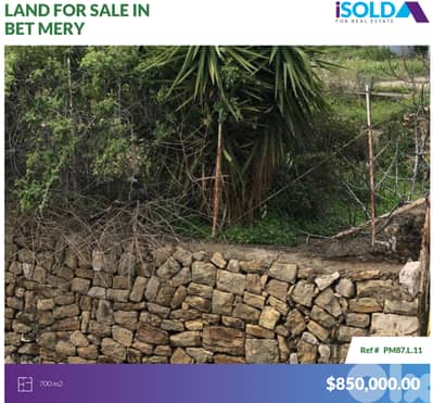 700m2 land+prime location 4sale in Beit Mery - أرض للبيع في بيت مري