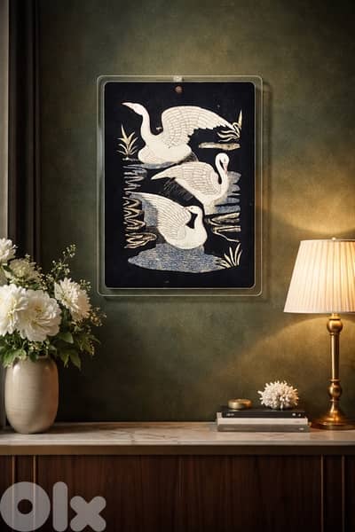 Vintage Japanese-Inspired Swan Artwork – Glass Frame – 40x30 cm