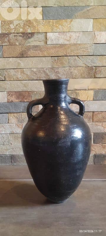 Vintage  Greek black clay earthenware jar,