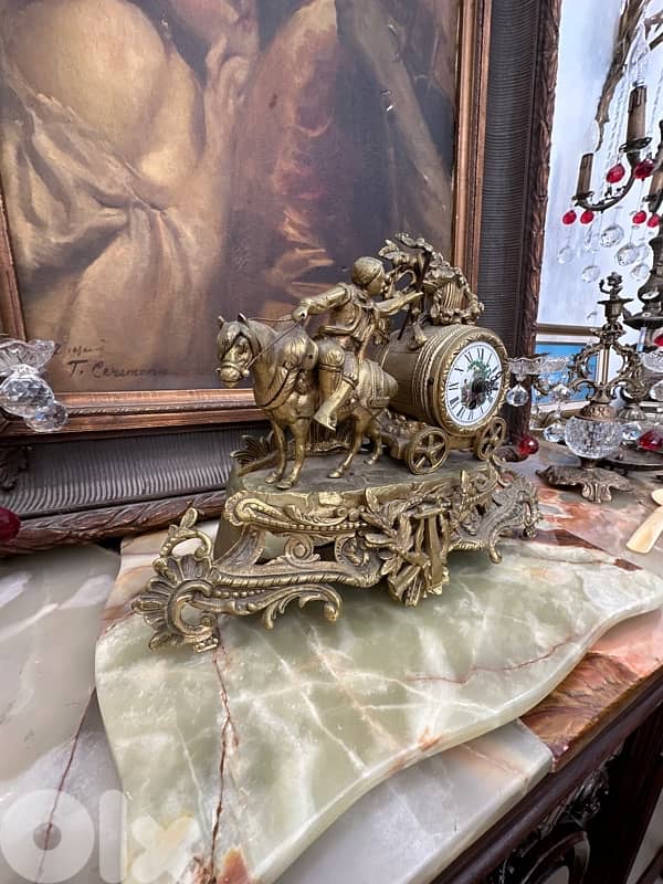 Vintage Mechanical Mantel Clock, Bronze & Marble Fireplace Clock, 1