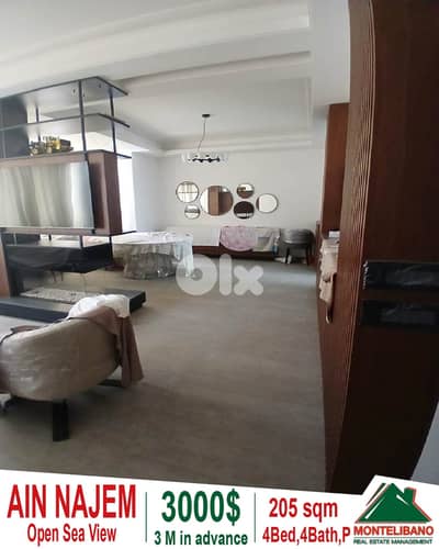 205 sqm Apartment For Rent in Ain Najem عين نجم with Open Sea View