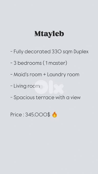 Mtayleb 330 sqm Decorated Duplex + terrace + view