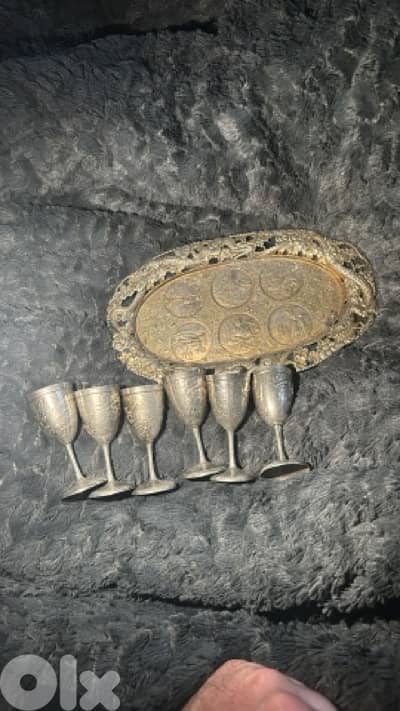 1940s silver serving tray and six matching goblets
