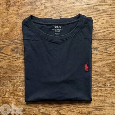 RALPH LAUREN POLO TEE - BLACK TEE WITH RED LOGO - SIZE LARGE